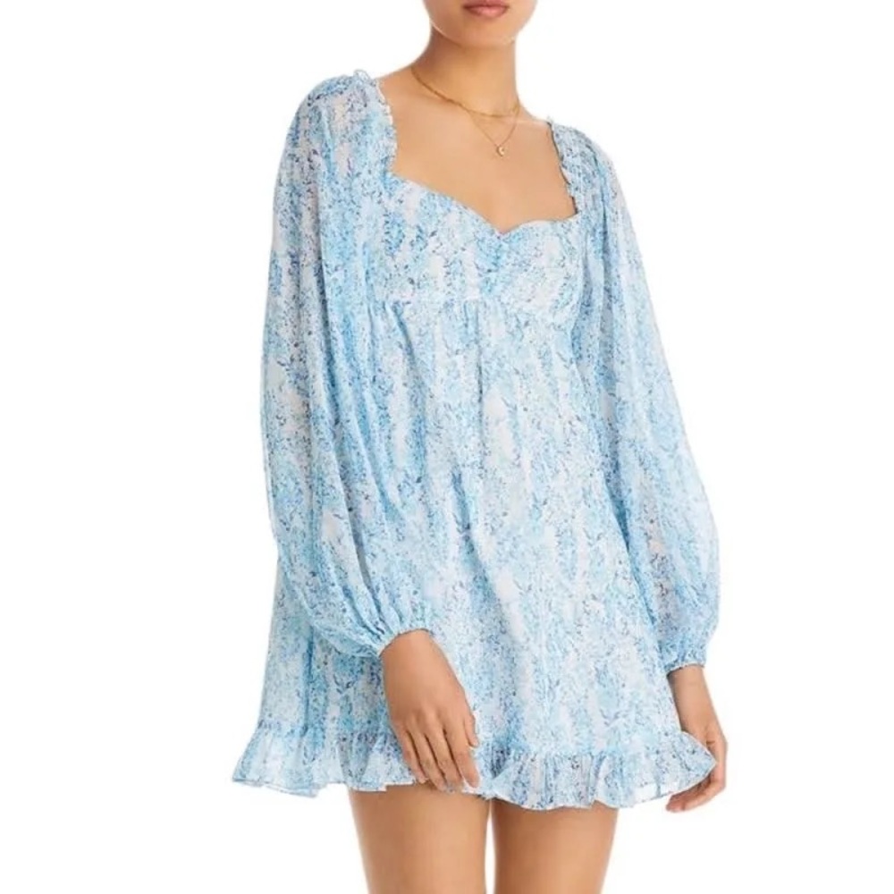Aqua Blue And White Floral Puff Sleeve Ruffled Babydoll Mini Dress